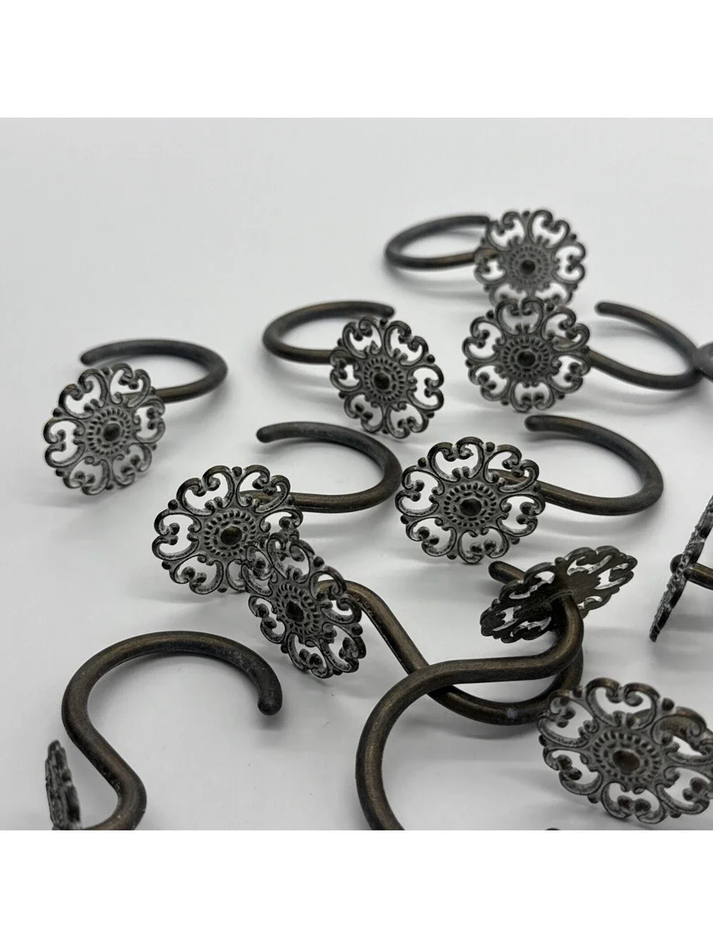 Set of 12 Decorative Shower Curtain Hooks Bronze Filigree Floral Rosette Rings